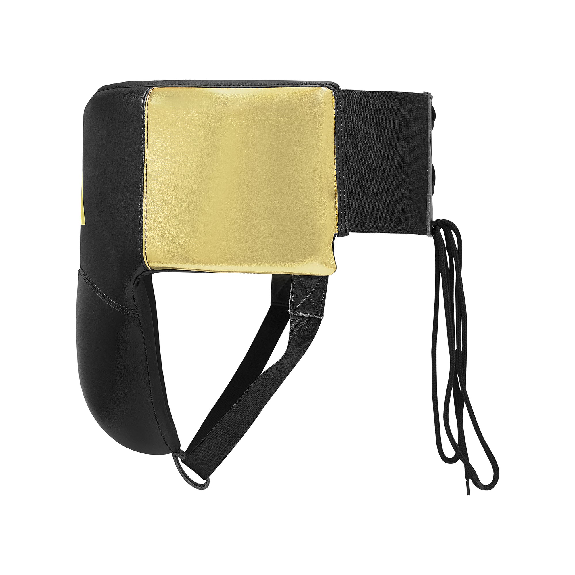 Black and gold protective gear with a strap on a white background
