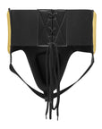 Black corset-style garment with yellow accents on a white background