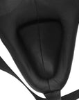 Close-up of a black leather saddle pad with a white background
