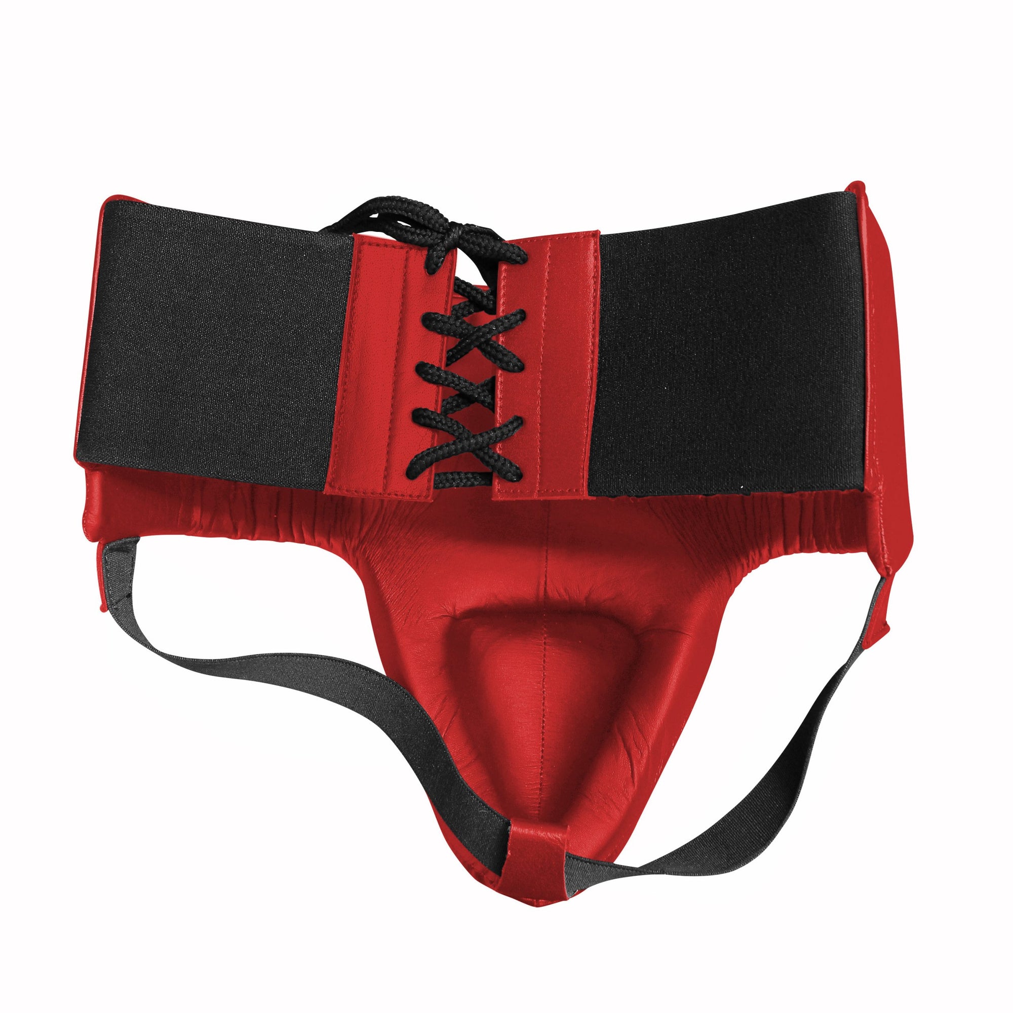 Red and black men's groin guard, boxing protector.