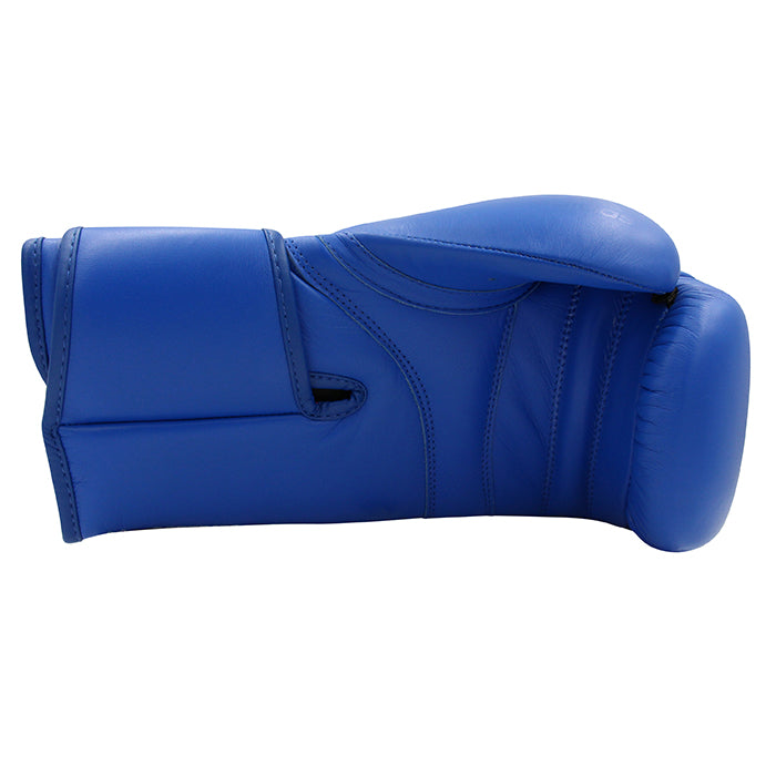 Blue adidas Speed 175 boxing glove on white background.