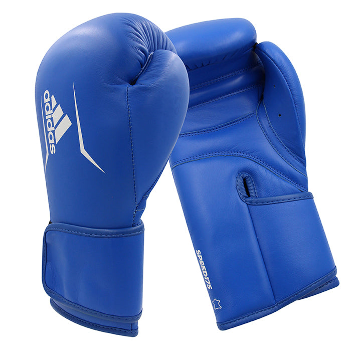 Pair of blue adidas Speed 175 boxing gloves.