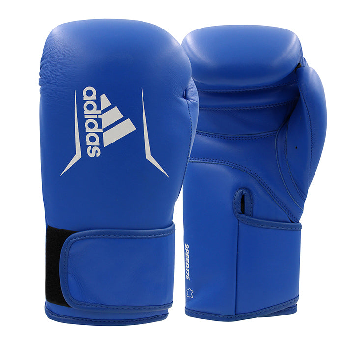Pair of blue adidas Speed 175 leather boxing gloves.