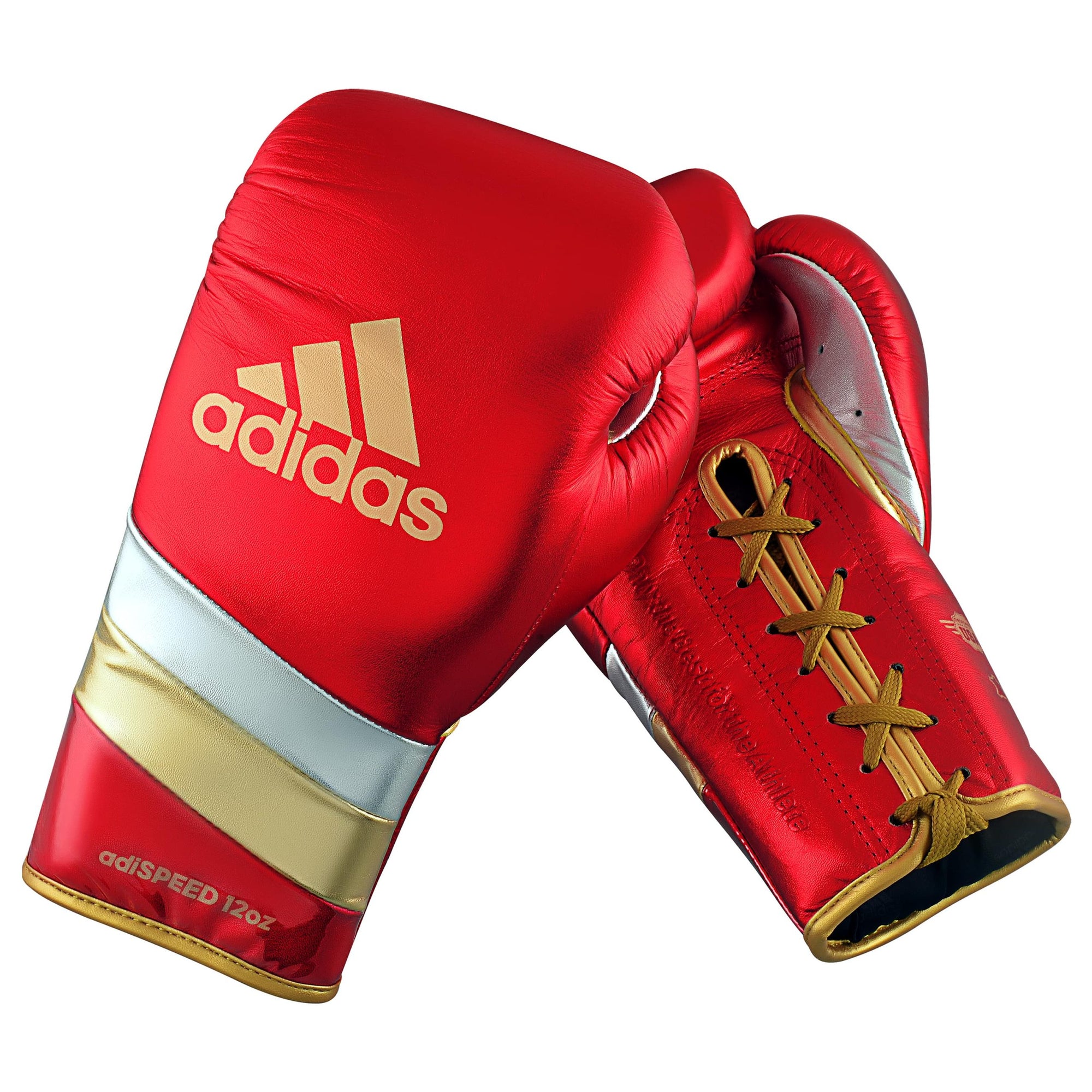 Pair of adidas Adi-Speed 500 boxing gloves in red and white.