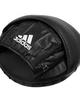 Black leather glove with logo, boxing accessory.