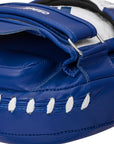 Blue and white boxing glove, close up view.
