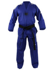 Blue martial arts uniform for Adidas Champion with white stripes.