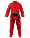 Red karate uniform with black belt on display.