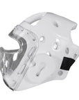 White face mask with black straps, side view.