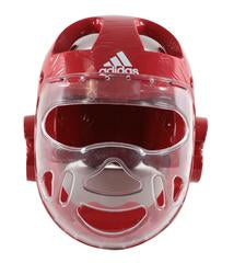 Red Adidas boxing helmet with clear face shield.