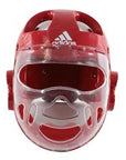 Red Adidas boxing helmet with clear face shield.
