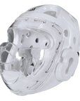 White helmet with face mask, Adidas taekwondo sparring gear.