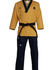 Yellow taekwondo uniform with black belt.