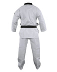 A white martial arts uniform with a black V-neck collar.