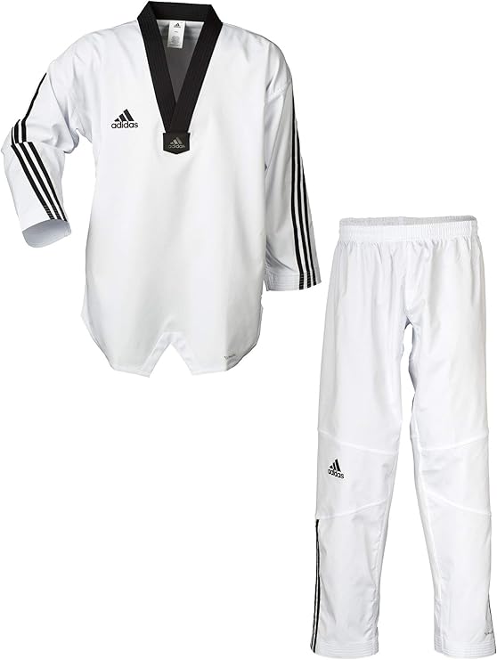 A taekwondo uniform consisting of a white v-neck jacket with black stripes on the sleeves and white pants with elastic waist and drawstring.