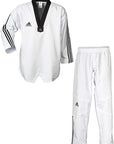 A taekwondo uniform consisting of a white v-neck jacket with black stripes on the sleeves and white pants with elastic waist and drawstring.