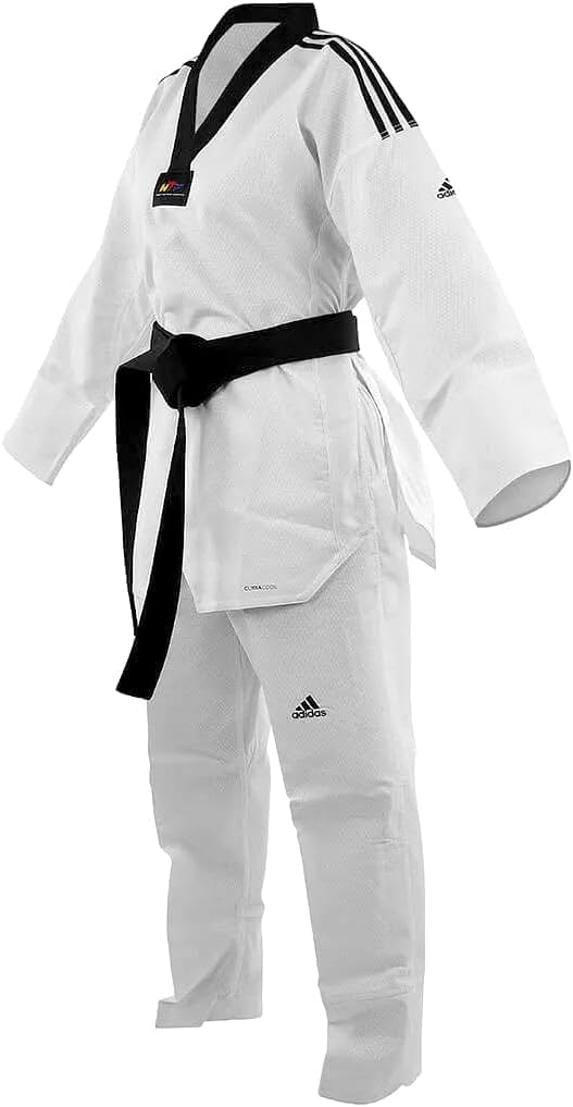 A woman's taekwondo uniform consisting of a white jacket with shoulder stripes and a black v-neck, paired with matching white pants without stripes.