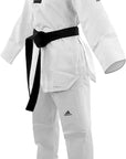 A woman's taekwondo uniform consisting of a white jacket with shoulder stripes and a black v-neck, paired with matching white pants without stripes.