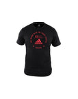 Black Adidas shirt with red text, slim fit.