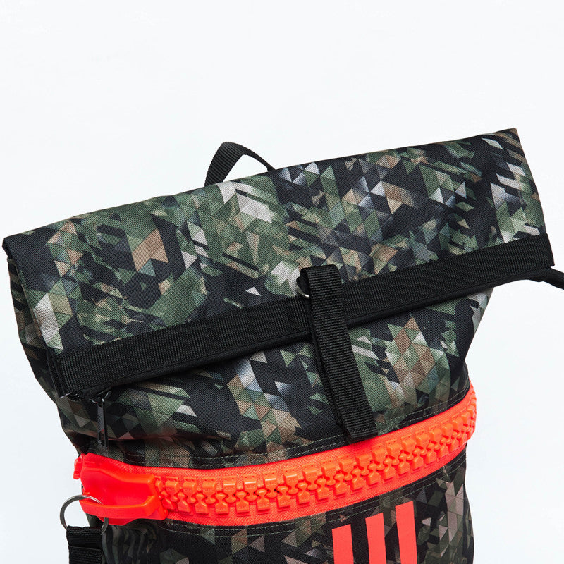Close-up of an Adidas military sack black camo pattern.