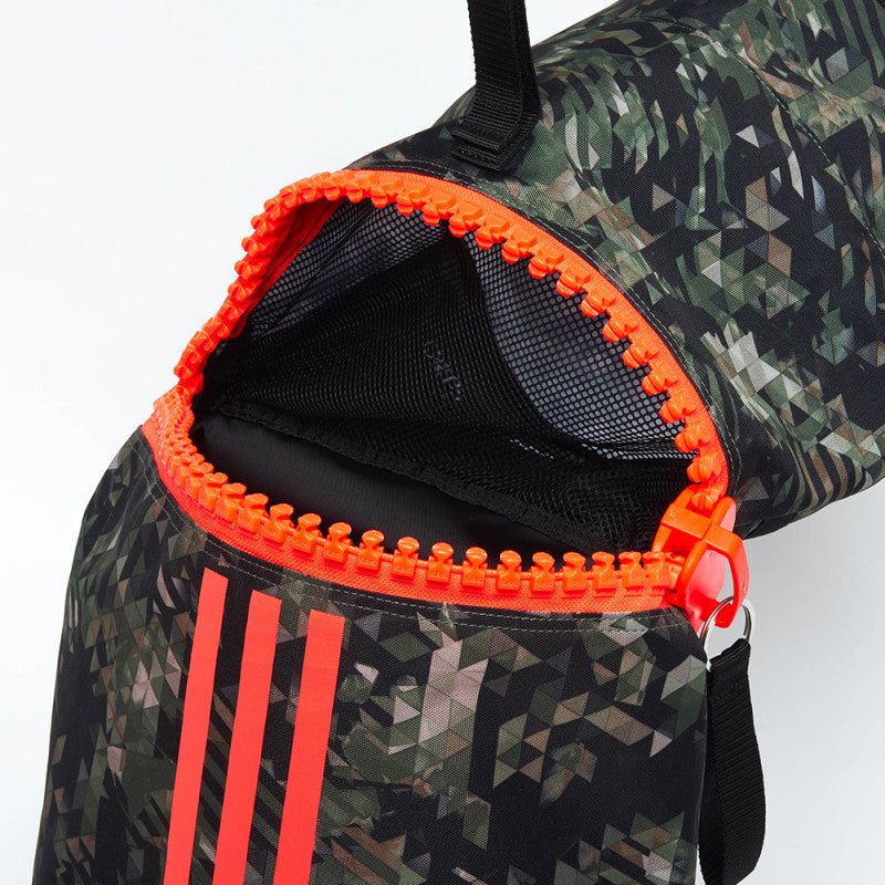 Bag with multiple zippers and camo pattern, Adidas branding.