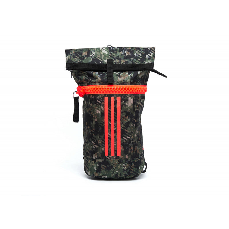 Black and red backpack in military sack style, adidas camo design.