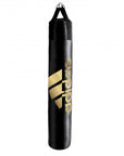 Black punching bag with gold logo for boxing training.