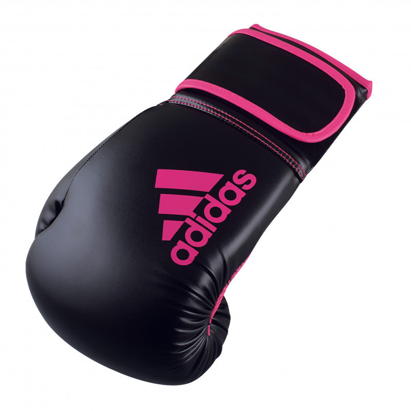 Adidas Hybrid 80 black boxing glove with pink trim, 8 oz.