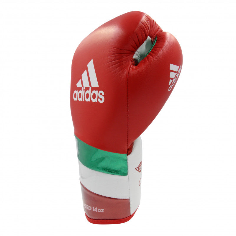 Red boxing glove with white stripes, adidas Adi-Speed 500, for kickboxing.