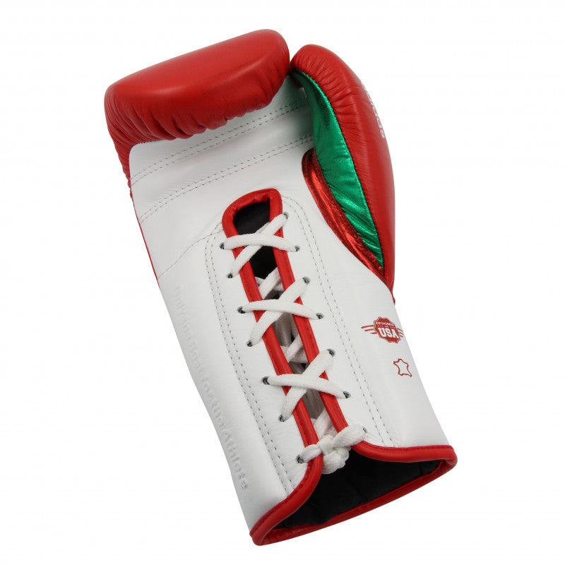 Red and white boxing glove, adidas Adi-Speed 500, for boxing and kickboxing.