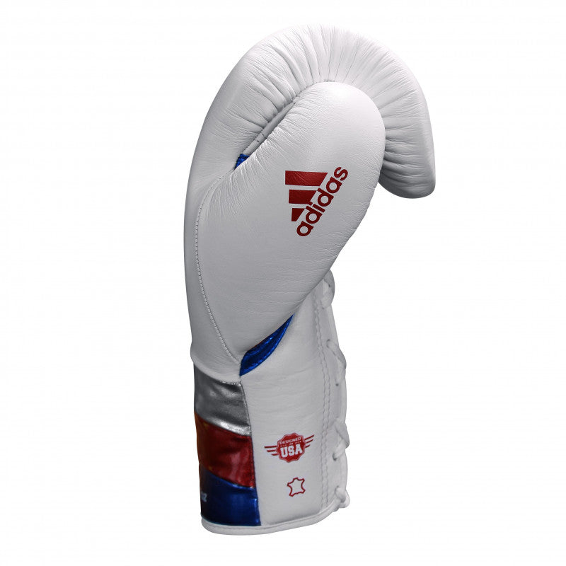 White boxing glove with red, blue and silver stripes, 16 oz weight.