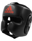 Black boxing helmet with adidas logo.