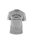 Grey shirt with black text, front view.