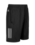 Black athletic shorts with white stripes on a white background
