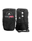 Black backpack with white label, Adidas Combat Sports USA National Line.