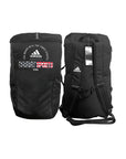 Black backpack with white label, Adidas Combat Sports USA National Line.