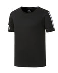Black t-shirt with white stripes on sleeves against a white background