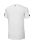 White t-shirt with black Adidas logo on a white background