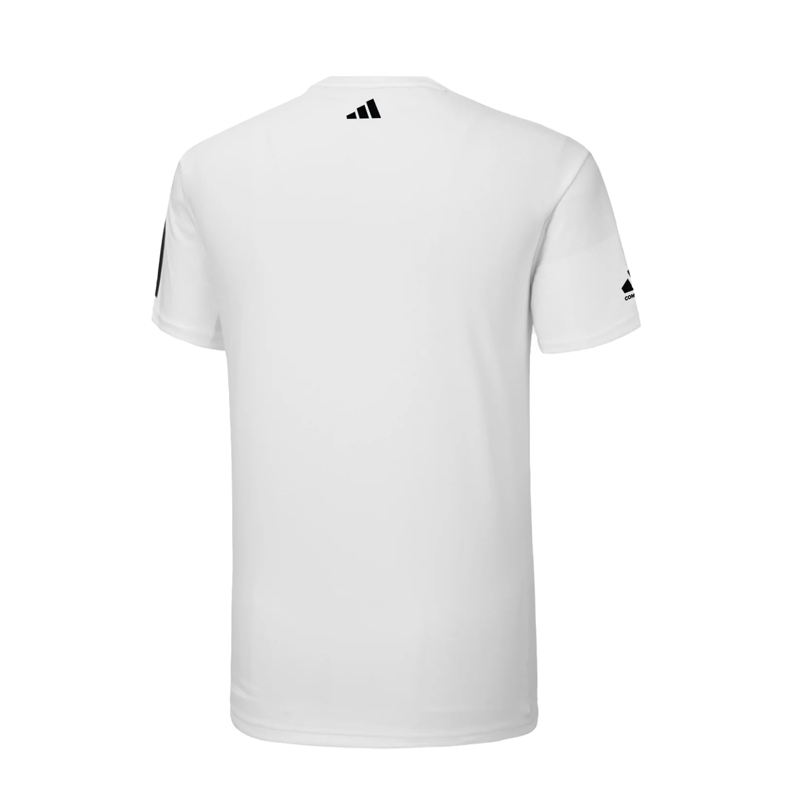 White t-shirt with black Adidas logo on a white background