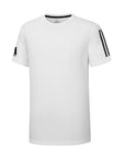 White t-shirt with black stripes on sleeves against a white background