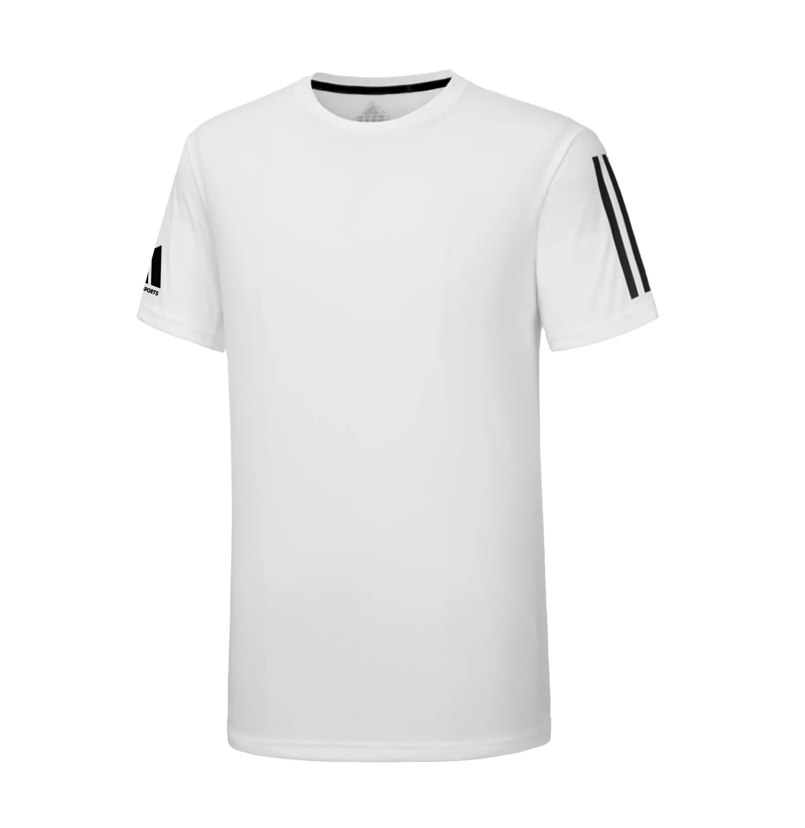 White t-shirt with black stripes on sleeves against a white background