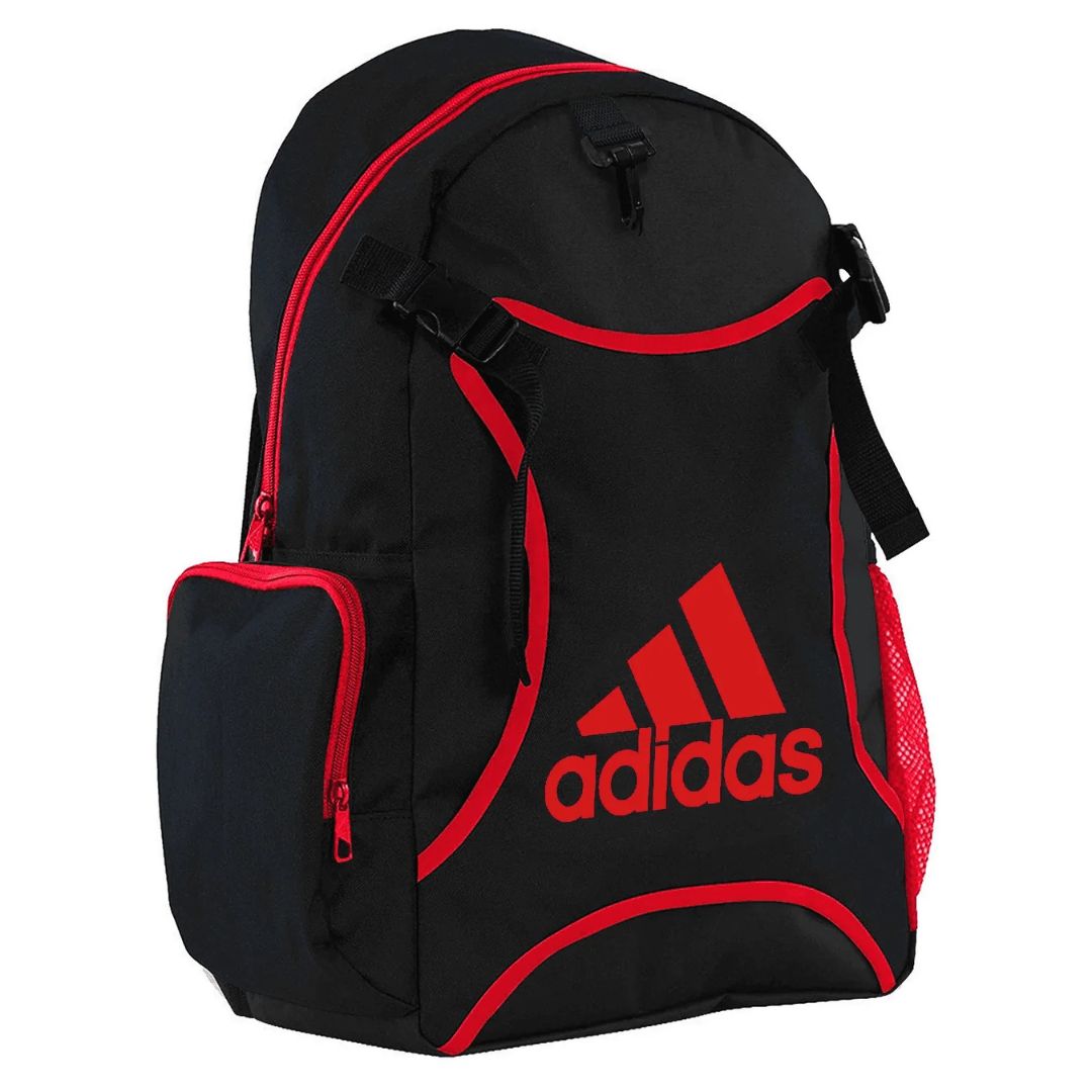 Black backpack with red accents and Adidas logo on a white background
