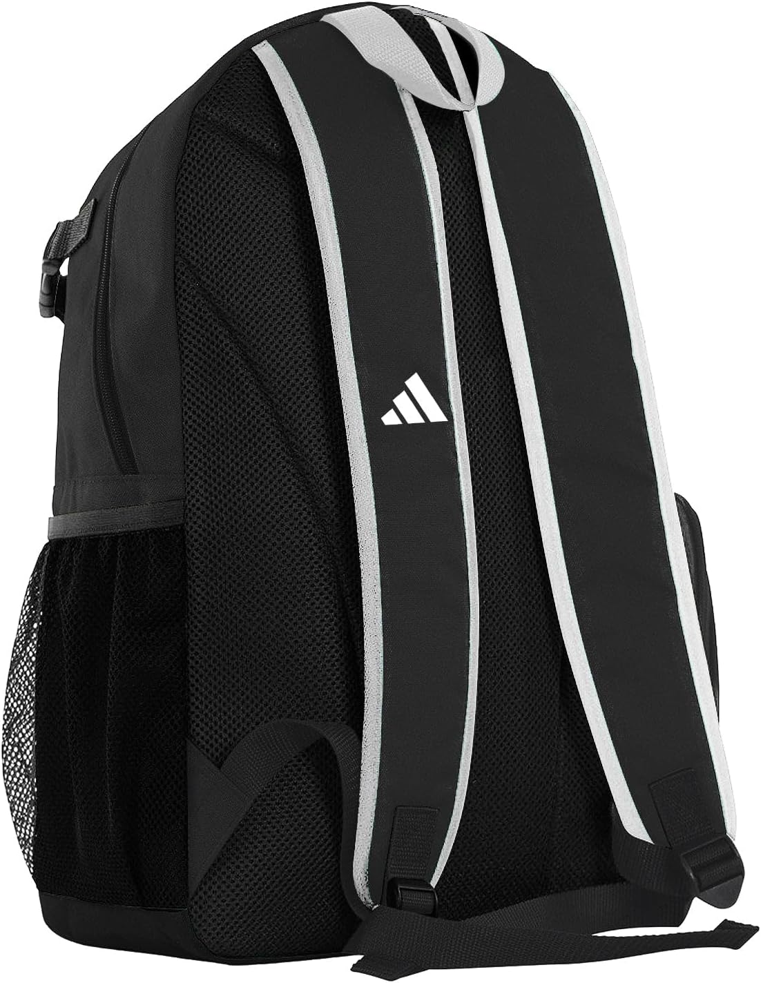 Black Adidas backpack with white accents on a white background