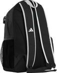 Black Adidas backpack with white accents on a white background