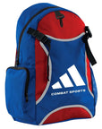 Blue and red backpack with Adidas logo on a white background