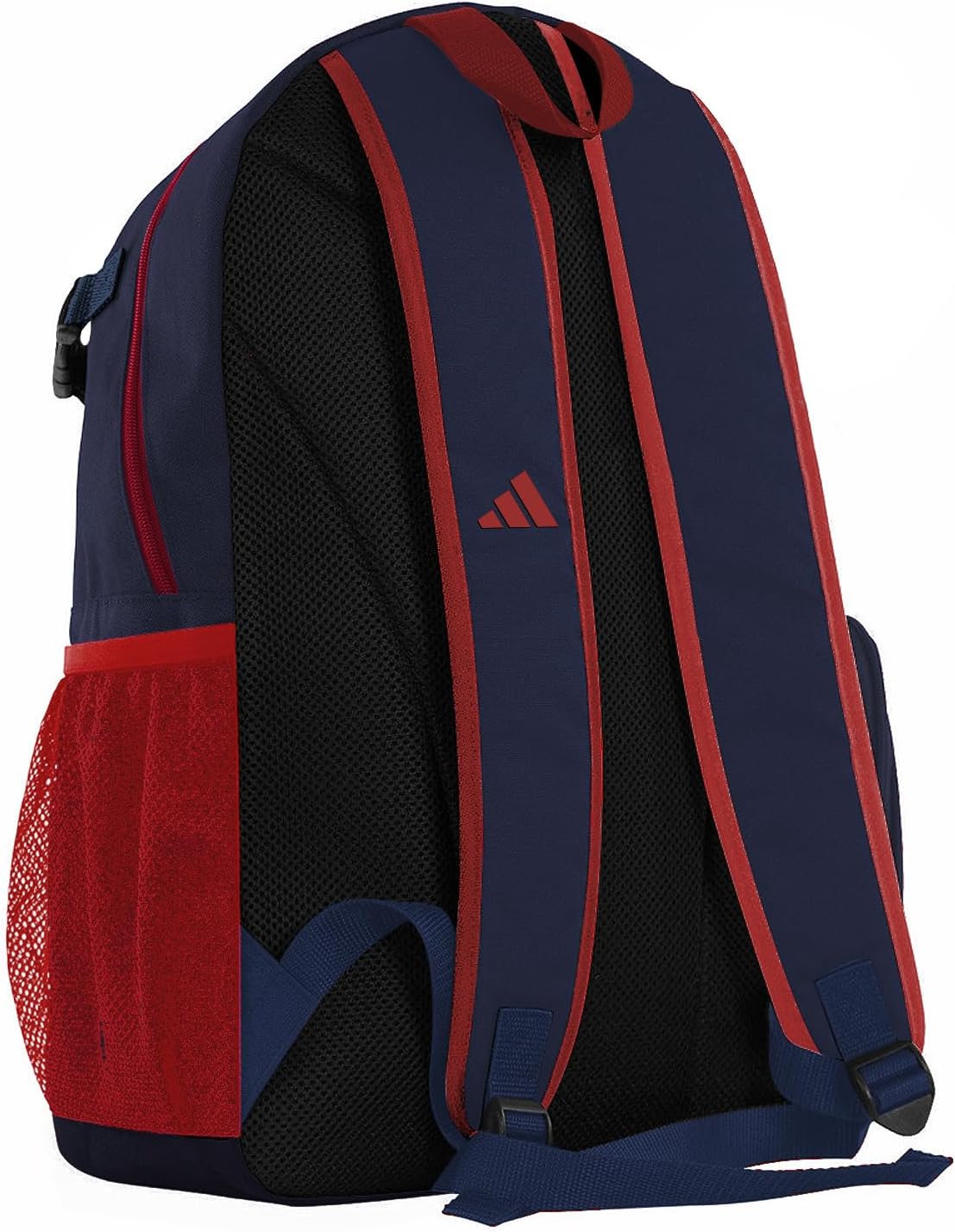 Navy and red backpack with Adidas logo on a white background