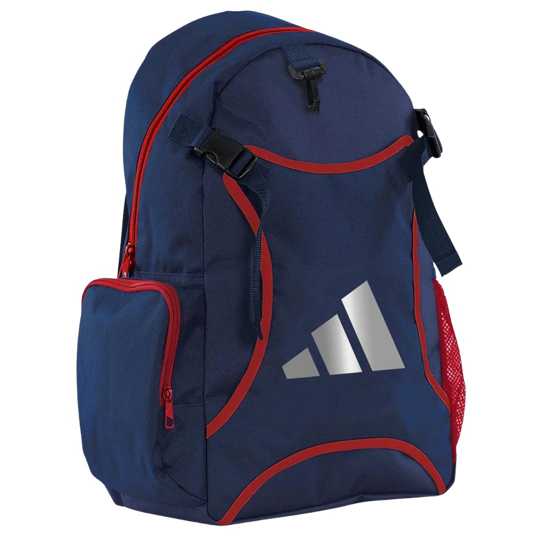 Blue backpack with red accents and Adidas logo on a white background
