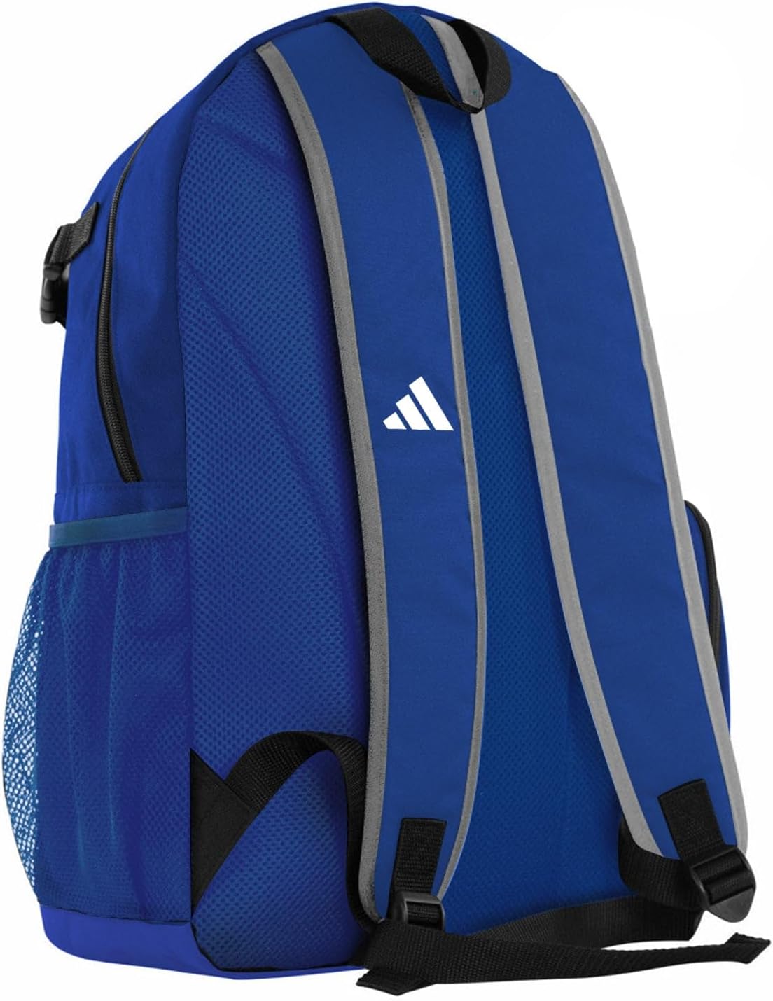 Blue Adidas backpack with gray straps on a white background