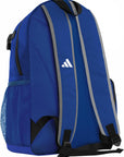 Blue Adidas backpack with gray straps on a white background