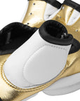 Pair of gold and white boxing gloves.